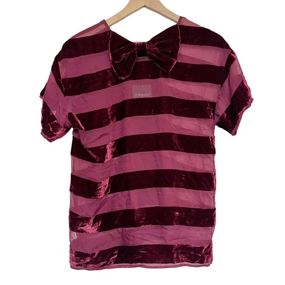 Topshop Womens Short Sleeve Velvet Sheer Striped Top Sz 4 Bow Back Holiday NWT - Picture 2 of 8